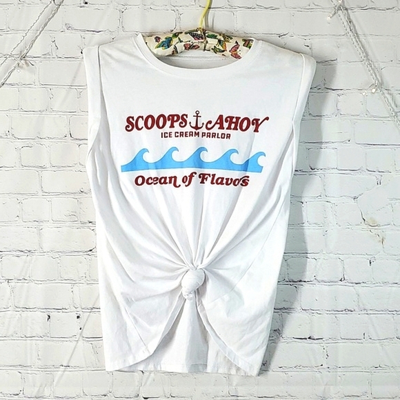 Netflix Stranger Things Scoops Ahoy Ice Cream Parlor White Tie Front Shirt Sz S - Picture 10 of 17